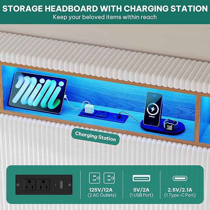 YITAHOME King Size Corduroy Upholstered Platform Bed Frame with Charging Station and RGB LED Lights, 53’’ Tall Storage Wingback Headboard, No Box Spring Needed, Easy Assembly, Noise-Free, White
