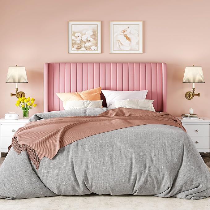 Allewie Full Size Velvet Bed Frame/Vertical Channel Tufted Wingback Headboard/Upholstered Platform Bed/Strong Wooden Slats/No Box Spring Needed/Easy Assembly/Pink