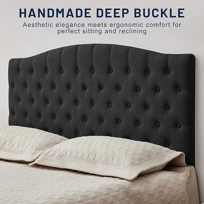 Tufted Upholstered Tall Headboard Queen Size, Sturdy and Durable Solid Wood Bed headboards, Comfortable Linen Fabric Queen Headboard Only, Modern Luxury Button Diamond Design Head Board, Black
