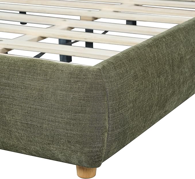 Merax Queen Size Boucle Fabric Upholstered Platform Bed with Two Removable Pillow Headboard, Wood Bed Frame with Solid Round Legs for Kids Teens Adults, Olive Green