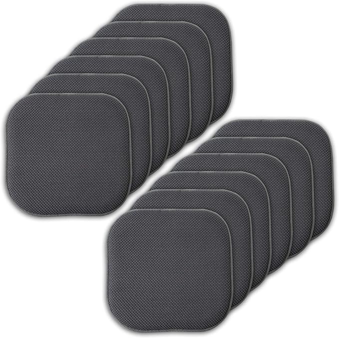 Sweet Home Collection Memory Foam Chair Cushion Honeycomb Pattern Solid Color Slip Non Skid Rubber Back Ultimate Comfort and Softness Rounded Square 16" x 16" Seat Cover, 12 Pack, Charcoal Gray