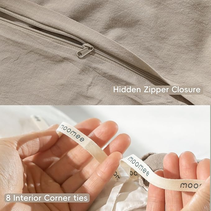MooMee Bedding Duvet Cover Set 100% Washed Cotton Linen Like Textured Breathable Durable Soft Comfy (Heathered Tannish Linen Grey, Cal King 104"x98")
