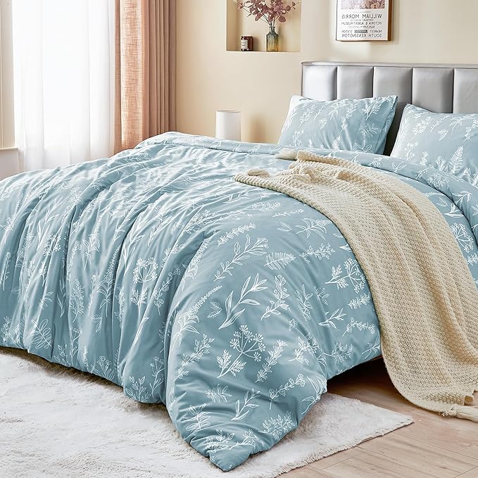 MUXHOMO Duvet Cover King Size, Reversible Floral Mineral Blue Duvet Cover Set with Zipper Closure, 3 Pieces Botanical Patterns Soft Microfiber Bedding Set (90"x104", 2 Pillow Cases 20"×36")