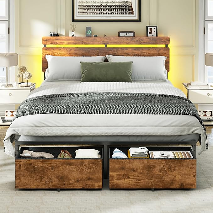 Forestell Full Size Bed Frame with Wood Headboard, Metal Platform Bed with 2 Storage Drawers & Shelf, Built in Charging Station & LED Lights, No Box Spring Needed, Vintage Brown, Camas Full