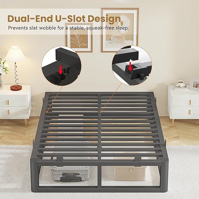 14 Inch King Size Bed Frame with Rounded Corner and Headboard Hole, Metal Platform Bed Frames 6 Non-Slip Guards, 3500lbs Heavy Duty Steel Slat Support, Squeak Free, No Box Spring Needed, Black