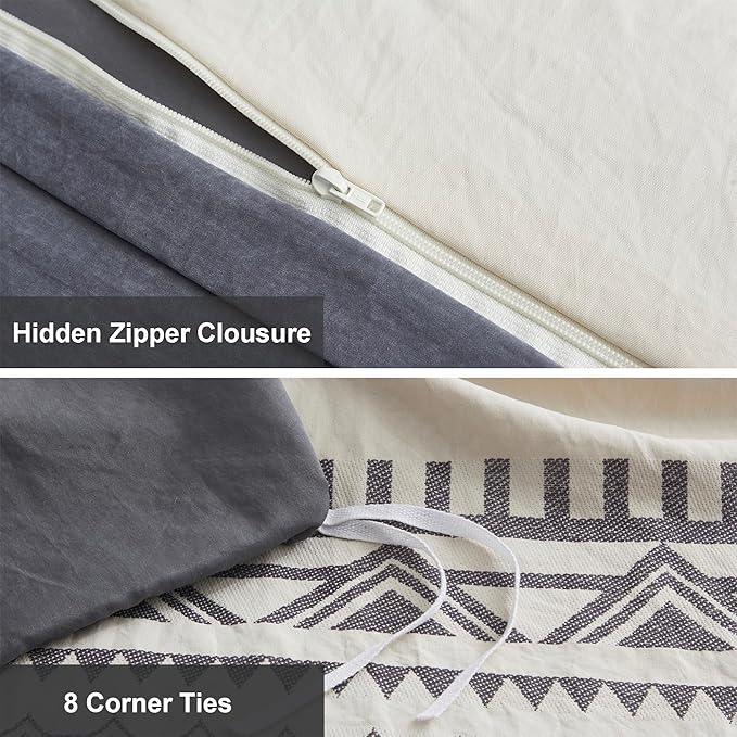 Oli Anderson Boho Duvet Cover Set King Size, Beige and Gray Color Clash 3 Pieces Microfiber Bedding Set, Durable and Super Soft Duvet Covers with Zipper and Ties, 104"*90"