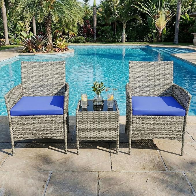 GarveeHome 3-Piece Patio Bistro Set, PE Rattan Outdoor Conversation Furniture with 2 Cushioned Chairs & Coffee Table, Weather-Resistant for Backyard, Balcony, Porch (Blue Cushion)