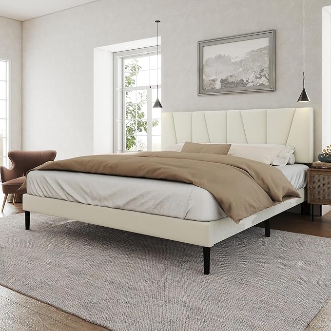 HAOARA King Size Bed Frame with Fabric Upholstered Headboard, Platform Bed with Wooden Slats Support, Fully Mattress Foundation, Box Spring Optional, Easy Assembly