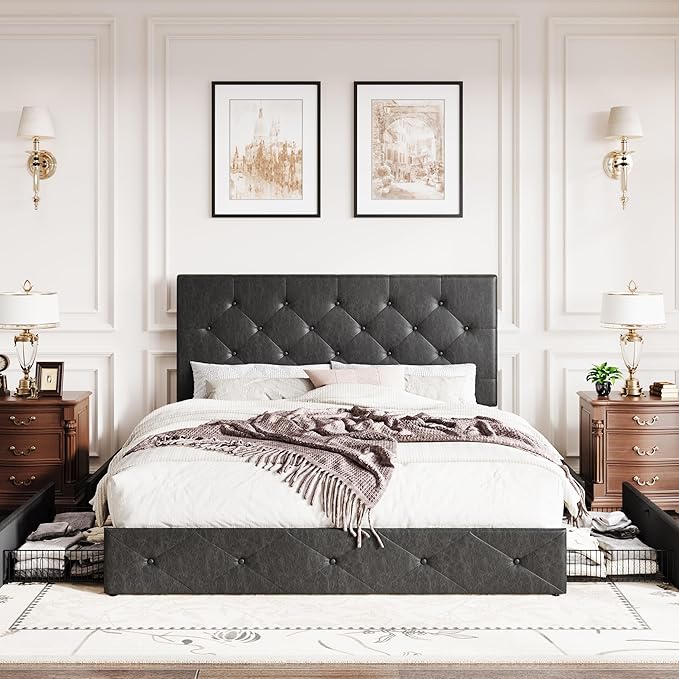 SHA CERLIN Upholstered Full Platform Storage Bed Frame with 4 Drawers, Adjustable Headboard with Faux Leather Diamond Button Tufted Design, Wooden Slat Support, No Box Spring Needed, Black