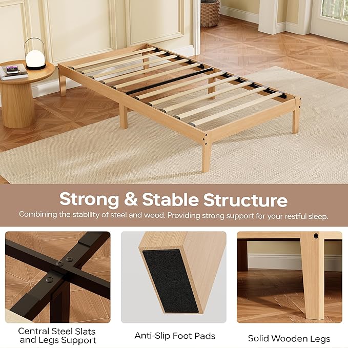 Tyndall Twin XL Bed Frame with LED Lights, 12 Inch Solid Wood Platform Bed with Under Bed Storage, Wooden Slats Support, Natural Finish, No Box Spring Needed, Noise Free, Easy Assembly