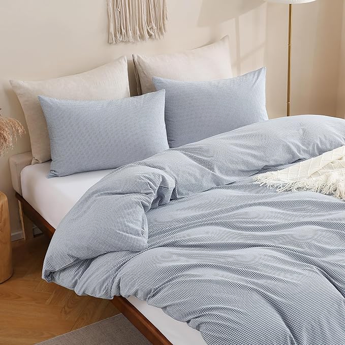 TOCOMOA Mini Gingham Blue Duvet Cover Bedding Set 100% Washed Cotton Like Linen Feel Super Soft Comfortable 3 Piece Small Plaid Checkered Comforter Cover Set (Queen 90"x90", Comforter Not Included)