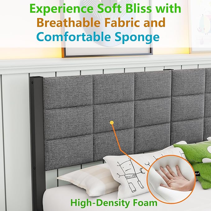 Full Size Bed Frame with Headboard,Metal Full Bed Frame with Under Bed Storage,No Box Spring Needed,Easy Assembly,Grey