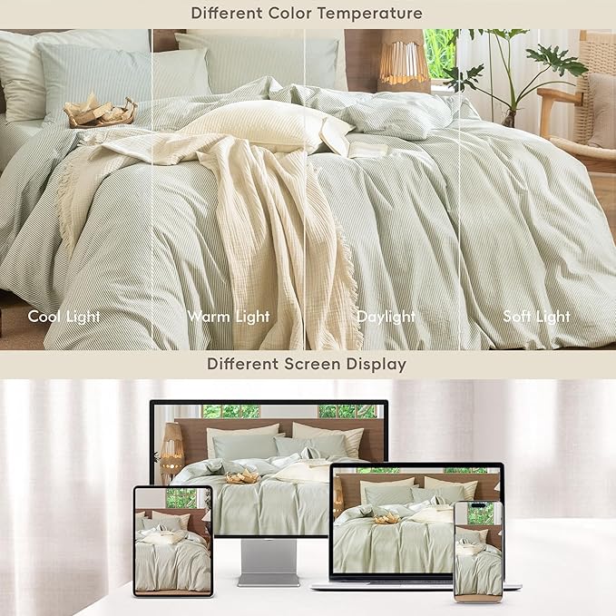 MooMee Striped Duvet Cover Set 100% Washed Cotton Linen Like Textured Breathable Durable Soft Comfy (Sage Green White Pinstripes, Super King 108"x98")