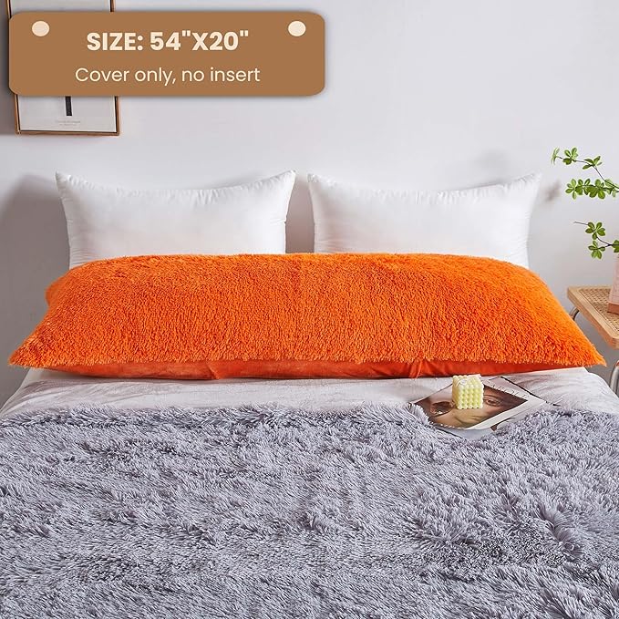 MEGO Luxury Fluffy Body Pillow Cover, 20x54 Shaggy Faux Fur Body Pillow Case, Soft Plush Fuzzy Body Pillowcase, Decorative Furry Long Bed Pillow with Zipper Closure Hug Pillow for Bedroom Orange