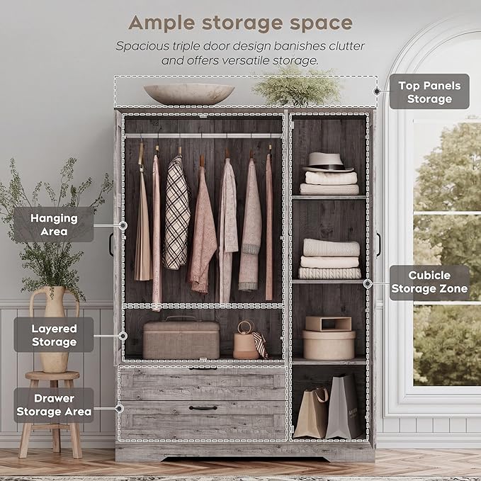 XIAO WEI Armoire Wardrobe Closet with 3 Door, Bedroom Wooden Armoires with Full Length Mirror, Large Clothing Storage Cabinet 2 Drawers, Hanging Rod, Shelves (Gray, 3 Door)