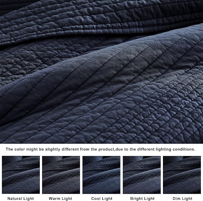 palassio Striped Navy Blue 100% Cotton Quilt King Size Bedding Sets, Lightweight Crinkly Channel Pick Stitch Textured Bedspread Soft Shabby Chic Farmhouse Country Coverlet for All Season, 2 Shams