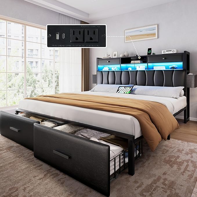 YITAHOME King Size with 2 Storage Drawers and Charging Station, Upholstered Bed with Storage Headboard and LED Light, Heavy Duty Metal Frame Support, No Box Spring Needed, Noise Free, PU Leather Black