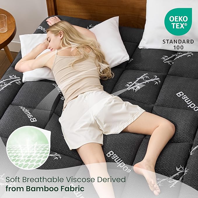 Love's cabin Twin Mattress Topper Viscose Derived from Bamboo, Thick Pillow Top Mattress Pad with Stretchable Pockets for 8"-20" Mattress, Breathable Cooling Mattress Topper for Hot Sleepers, Black