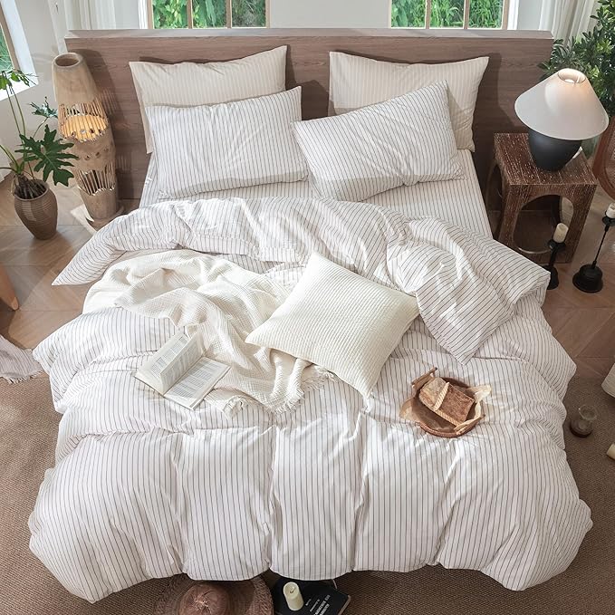 MooMee Striped Duvet Cover Set 100% Washed Cotton Linen Like Textured Breathable Durable Soft Comfy (White Orange Wide Stripes, Super King 108"x98")