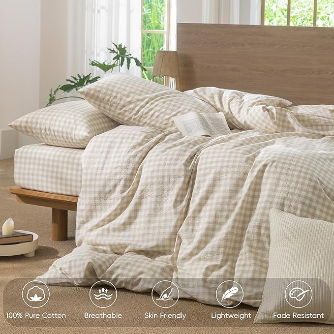 MooMee Gingham Duvet Cover Set 100% Washed Cotton Linen Like Textured Breathable Durable Soft Comfy Modern Checkered Design (Almond Milk Grey Gingham, Queen 90"x90")