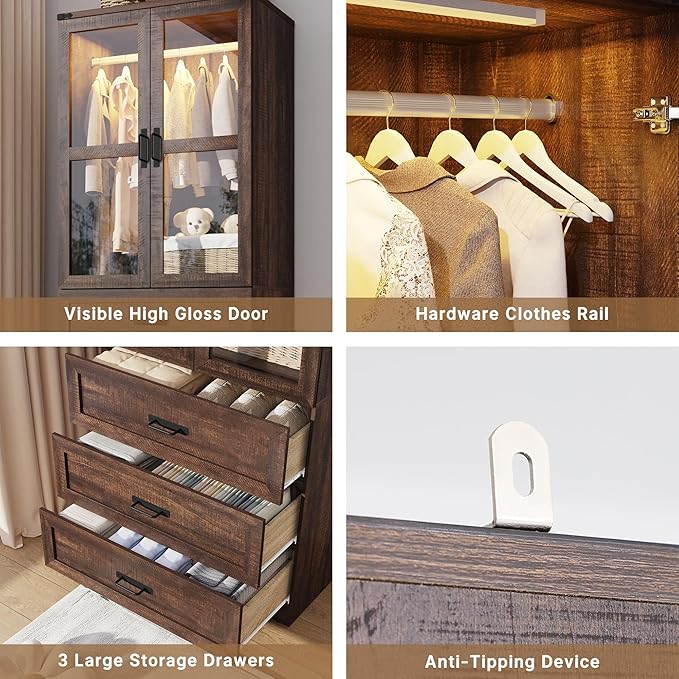 75" Tall Farmhouse 2 Doors Armoire Wardrobe Closet with 3 Drawers and LED,Freestanding Closet Wardrobe Cabinet for Bedroom with Hanging Rod,Wooden Armoire Storage Cabinet with Adjustable shelve(Brown)