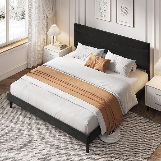 IDEALHOUSE King Size Upholstered Platform Bed Frame with Ergonomic Headboard, Beige Soft Fabric, Heavy Duty Wooden Slats, Noise-Free, 6.3" Underbed Storage, No Box Spring Needed, Easy Assembly