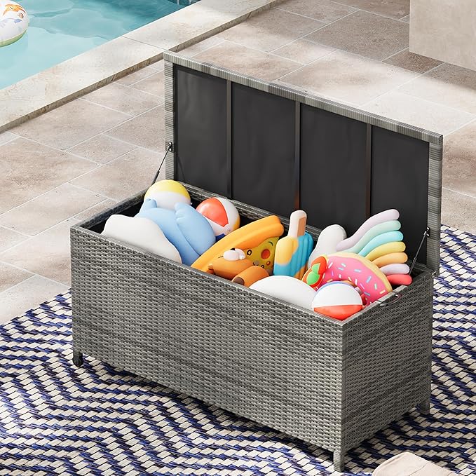 185 Gallon Outdoor Wicker Deck Box, All-Weather Waterproof Patio Storage with PE Rattan Finish & Steel Frame, for Cushions, Garden Tools, Pool Supplies, Lockable Brown Storage Box with Soft-Close Lid