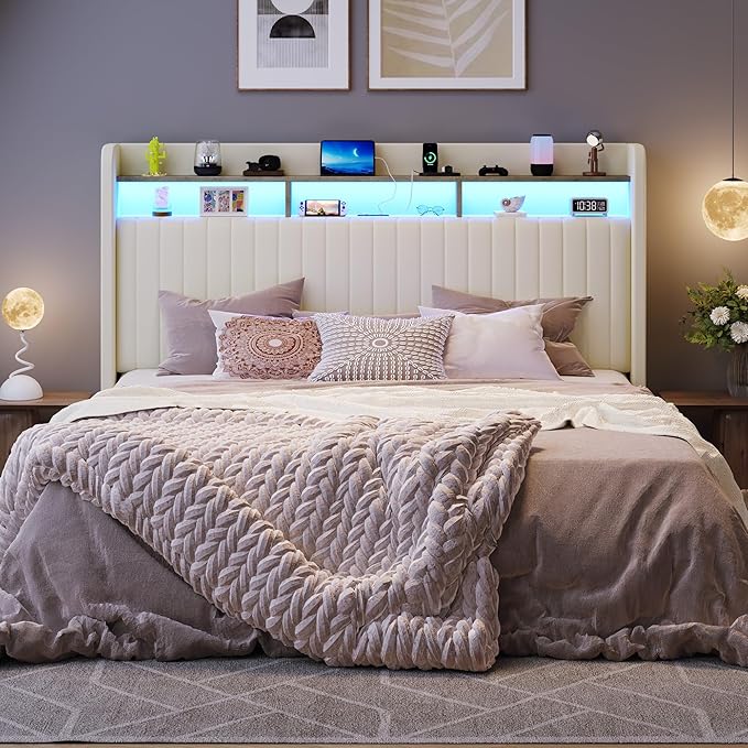 SHA CERLIN King Size Lift Up Storage Bed Frame/LED Lights/Charging Station/2-Tier Shelves Headboard/USB,Type-C Ports/Velvet Upholstered/Hydraulic Support/No Box Spring Needed/Noise Free/Cream