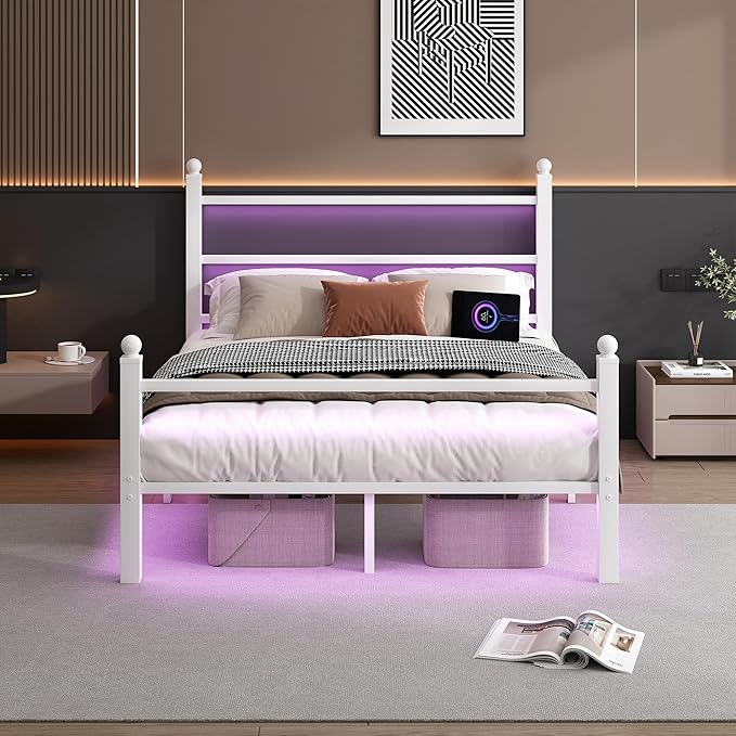 CLIBFENG Full Size Bed Frame with Headboard and Footboard,Steel Slats Support-LED Bed Frame with USB Charging Station,Mattress Foundation-Under Bed Storage,No Box Spring Needed,Noise Free,White
