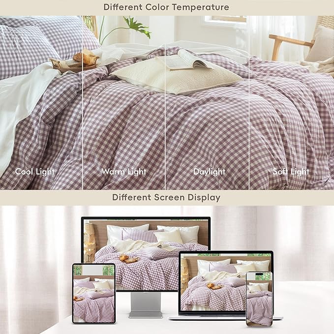 MooMee Gingham Duvet Cover Set 100% Washed Cotton Linen Like Textured Breathable Durable Soft Comfy Modern Checkered Design (Classic Gingham Light Purple, Twin 68"x90")