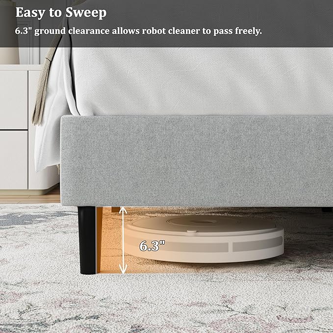 Queen Bed Frame, Padded Platform Bed Frame with Fabric Headboard, Vertical Quilted Design, Sturdy Slatted Mattress Base, No Spring Mattress Required, Easy to Assemble, Light Gray
