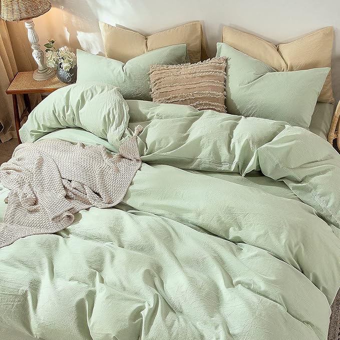 MooMee Bedding Duvet Cover Set 100% Washed Cotton Linen Like Textured Breathable Durable Soft Comfy (Heathered Seaglass Green, Queen 90"x90")