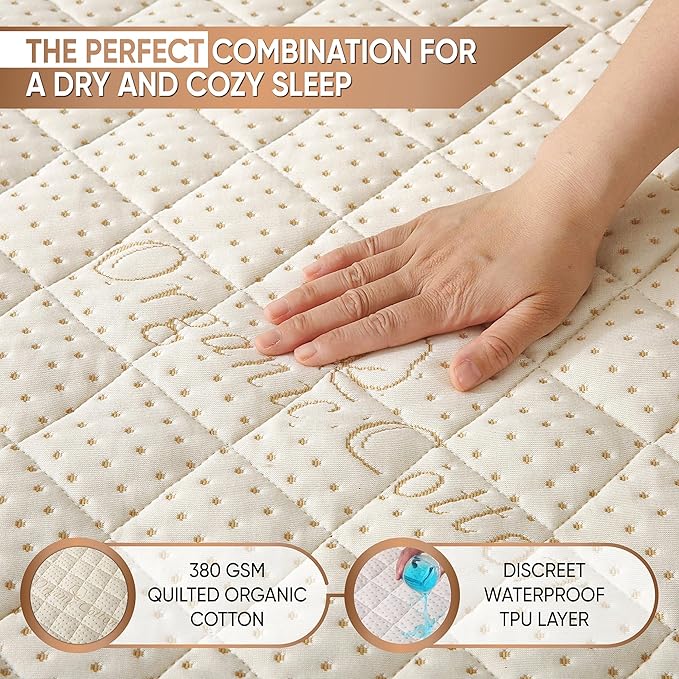 Luxury Quilted Organic Cotton Mattress Protector Twin Size - Premium 380 GSM Waterproof & Breathable Pad - Deep Pocket Fitted Cover - Soft & Silent Protection