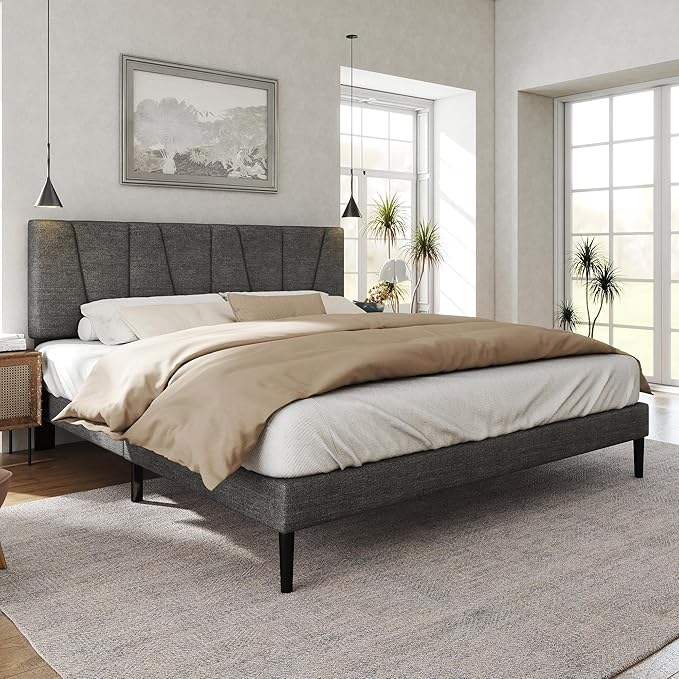 HAOARA King Size Bed Frame with Fabric Upholstered Headboard, Platform Bed with Wooden Slats Support, Fully Mattress Foundation, Box Spring Optional, Easy Assembly