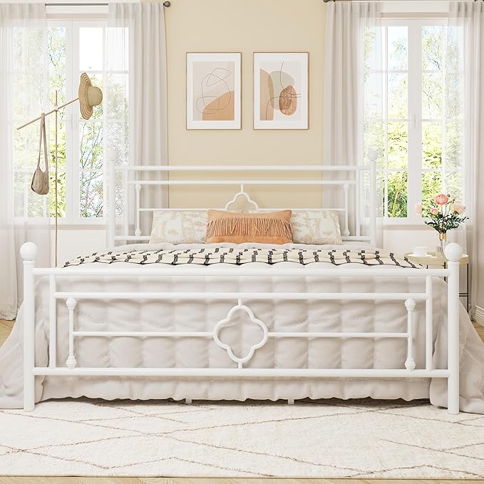 Allewie King Size Metal Platform Bed Frame with Victorian Vintage Headboard and Footboard/Mattress Foundation/Under Bed Storage/No Box Spring Needed/Noise-Free/Easy Assembly, White