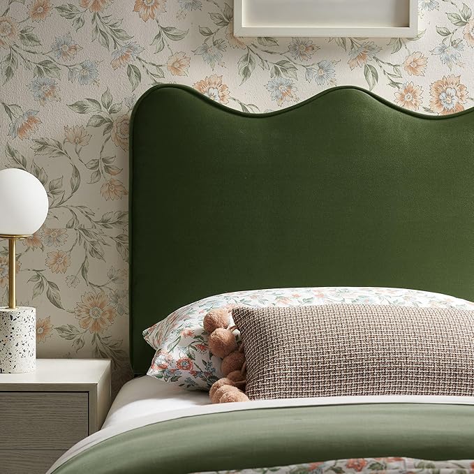Monday Athena Twin Size Performance Velvet Adjustable Headboard in Moss Green - with Scalloped Wave Design and Stain-Resistant Velvet Upholstery