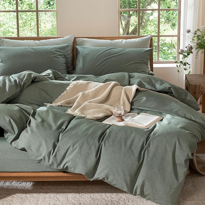 MooMee Bedding Duvet Cover Set 100% Washed Cotton Linen Like Textured Breathable Durable Soft Comfy (Heathered Green, Palatial King/Oversized King 120"x98")
