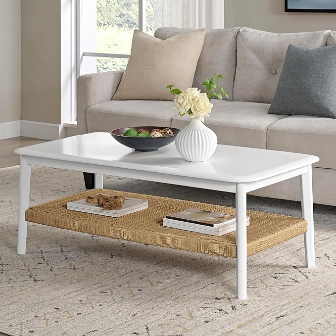 Alaterre Furniture Calais 48 Inch Rectangular Wood Coffee Table with Woven Storage Shelf – Mid Century Modern 2-Tier Living Room Table (White)