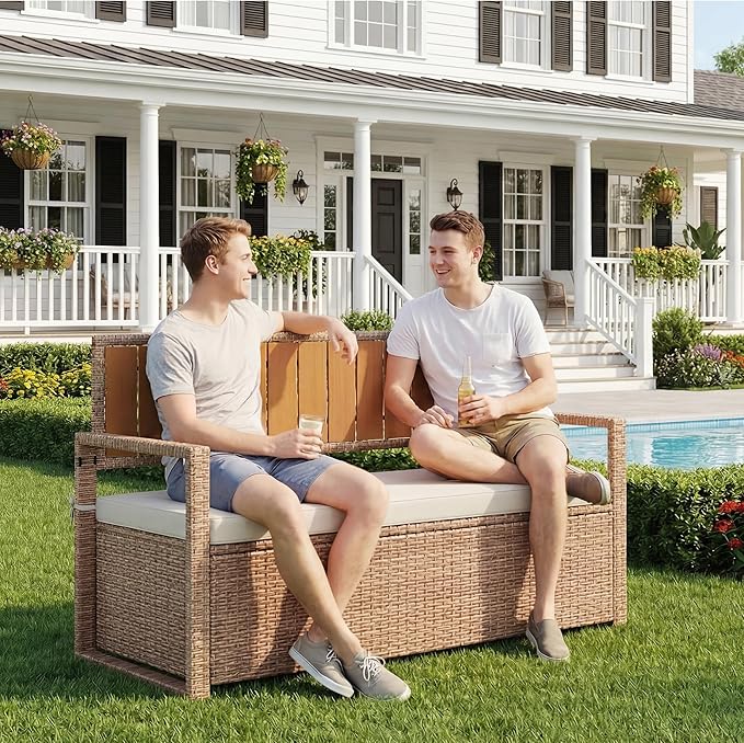 Outdoor Storage Bench with Cushion, Hand-Woven Yellow Wicker Deck Box with Backrest, Large Capacity Patio Storage Seat, Waterproof All-Weather Rattan Bench for Garden, Porch, Poolside
