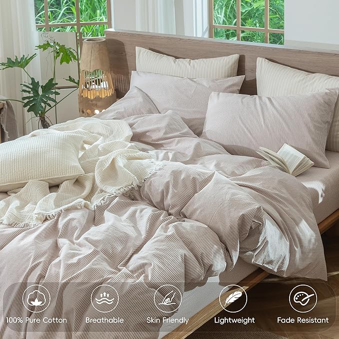MooMee Striped Duvet Cover Set 100% Washed Cotton Linen Like Textured Breathable Durable Soft Comfy (Orange Pinstripes, King 104"x90")
