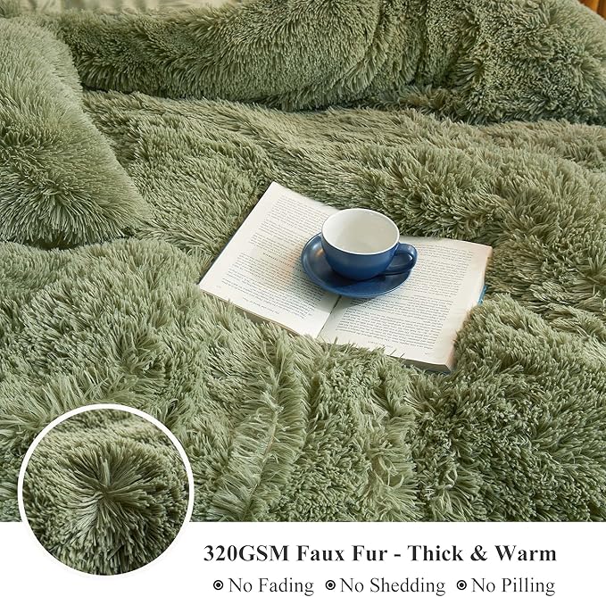 XeGe Luxury Shaggy Faux Fur Body Pillow Cover 20x54, Shed-Free Fluffy Long Pillowcase Hidden Zipper, Soft Plush Pillow Sham for Side Sleepers & Pregnancy Support, Aesthetic Room Decor (Sage Green)