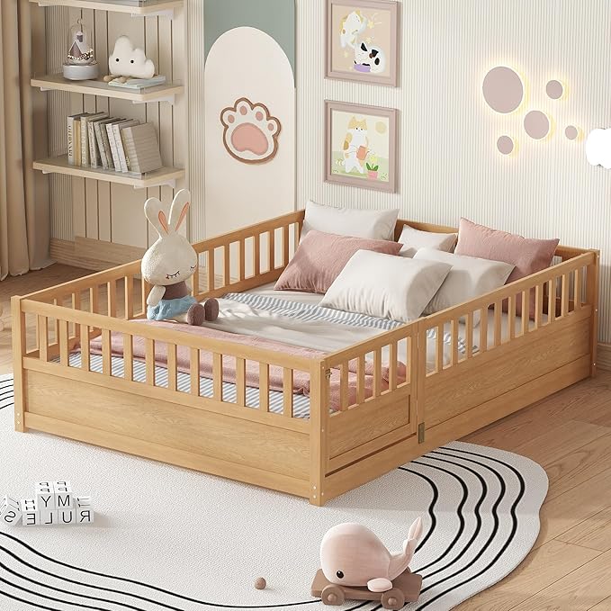 Bellemave Full Size Floor Bed with Slats and Door, Full Size Montessori Floor Bed with Rails, Easy Assemble Montessori Beds Frame for Bedroom, Natural
