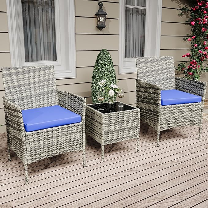 GarveeHome 3-Piece Patio Bistro Set, PE Rattan Outdoor Conversation Furniture with 2 Cushioned Chairs & Coffee Table, Weather-Resistant for Backyard, Balcony, Porch (Blue Cushion)