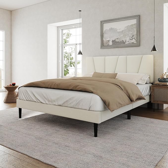HAOARA Full Size Bed Frame with Fabric Upholstered Headboard, Platform Bed with Wooden Slats Support, Fully Mattress Foundation, Box Spring Optional, Easy Assembly