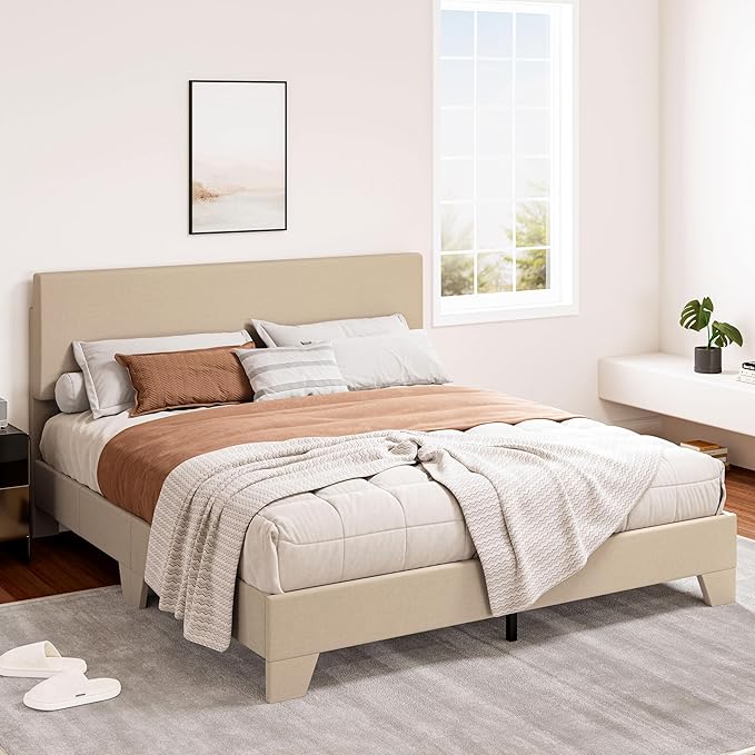 SHA CERLIN Upholstered Queen Size Bed Frame with Adjustable Headboard, Stable Mattress Foundation, Strong Back-Support, No Box Spring Needed, Beige