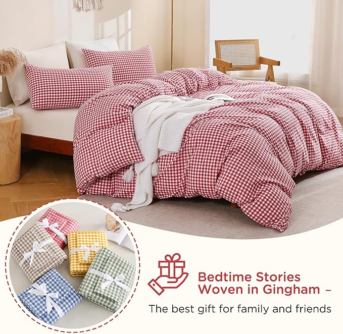 TOCOMOA Red Gingham Duvet Cover Bedding Set 100% Washed Cotton Like Linen Feel Super Soft Comfortable 3 Piece Cute Plaid Checkered Comforter Cover Set (Queen 90"x90", Comforter Not Included)