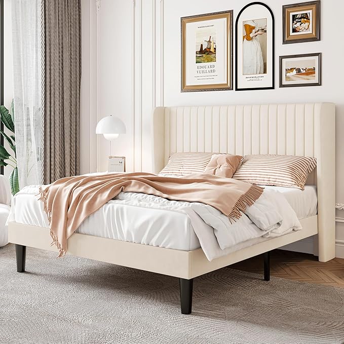 SHA CERLIN Full Size Velvet Bed Frame with Vertical Channel Tufted Wingback Headboard, Upholstered Platform Bed with Wood Slats, No Box Spring Needed, Easy Assembly, Cream White