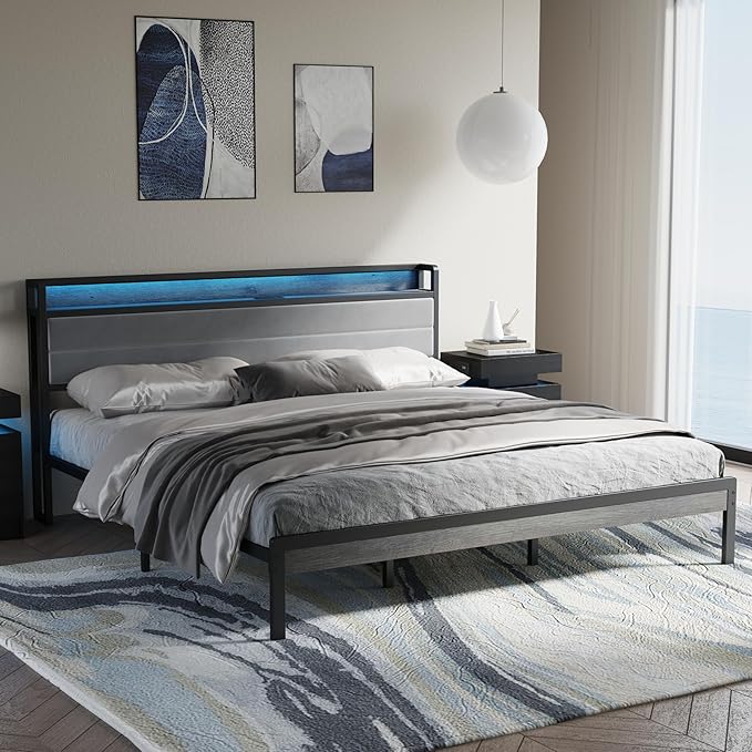 LIKIMIO King Size Bed Frame, Storage Headboard with LED Lights and Charging Station, Metal Platform Bed No Box Spring Needed, Noise Free, Under Bed Storage, Charcoal Gray