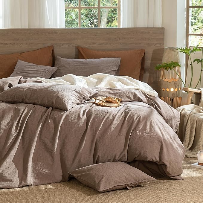 MooMee Wavy Striped Duvet Cover Set 100% Washed Cotton Linen Like Textured Breathable Durable Soft Comfy (Brown, Super King Plus 120"x120")