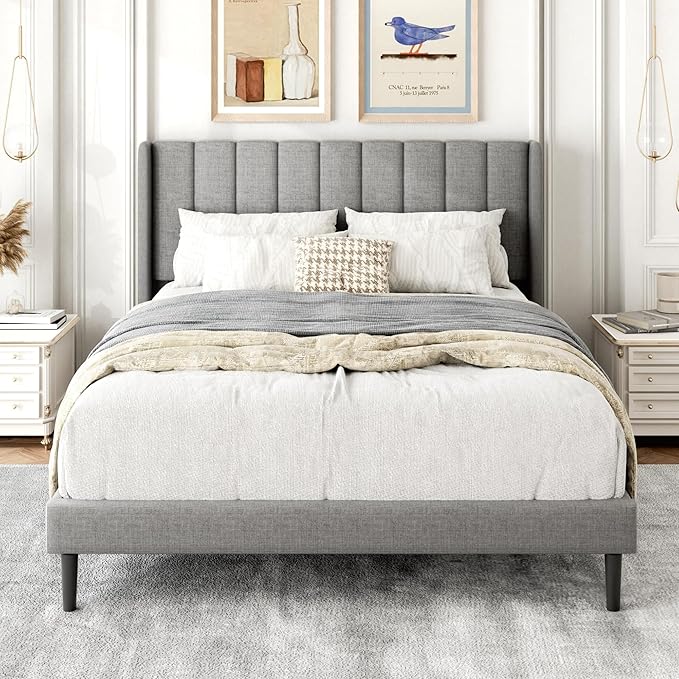 Gruwans Full Size Bed Frame with Upholstered Wingback Headboard, Easy Assemnly Platform Bed, Wooden Slat Support No Box Spring Needed, Light Gray